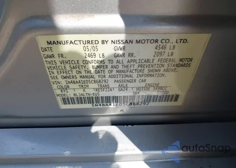 2005 Nissan Maxima 3.5 Se from USA, damaged, VIN 1N4BA41E05C868292